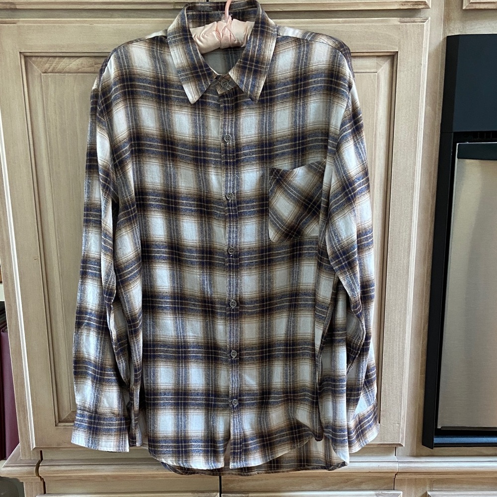 LA MIEL Brown and Cream Plaid Casual Shirt men’s flannel sz L